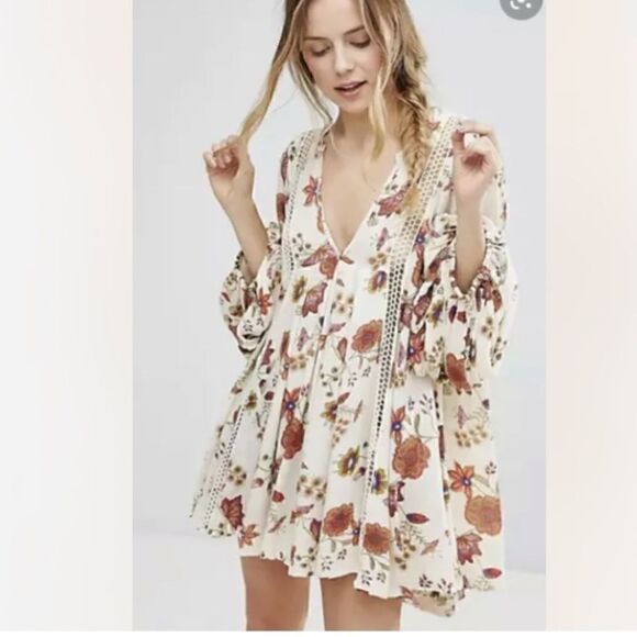 Free People Just the Two of Us Ivory Floral Printed Tunic Sz XS Boho Flowy - Picture 2 of 8